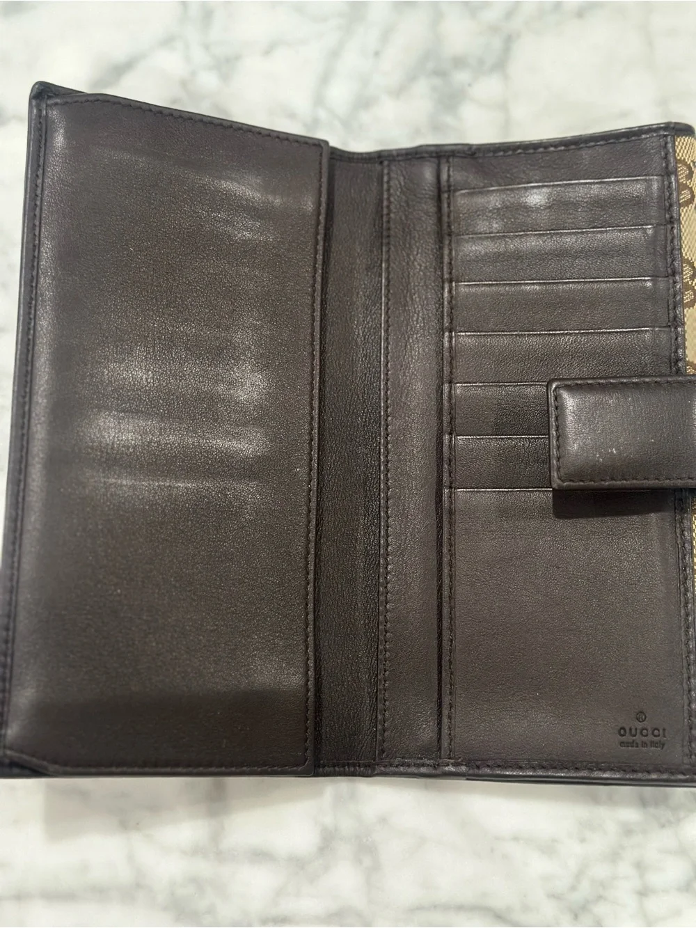 Gucci Brown Monogram Trifold Card Holder with Gold Accent
